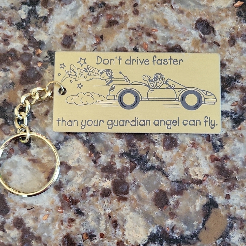Gold Tone Engraved Keychain with Car Design NEW
